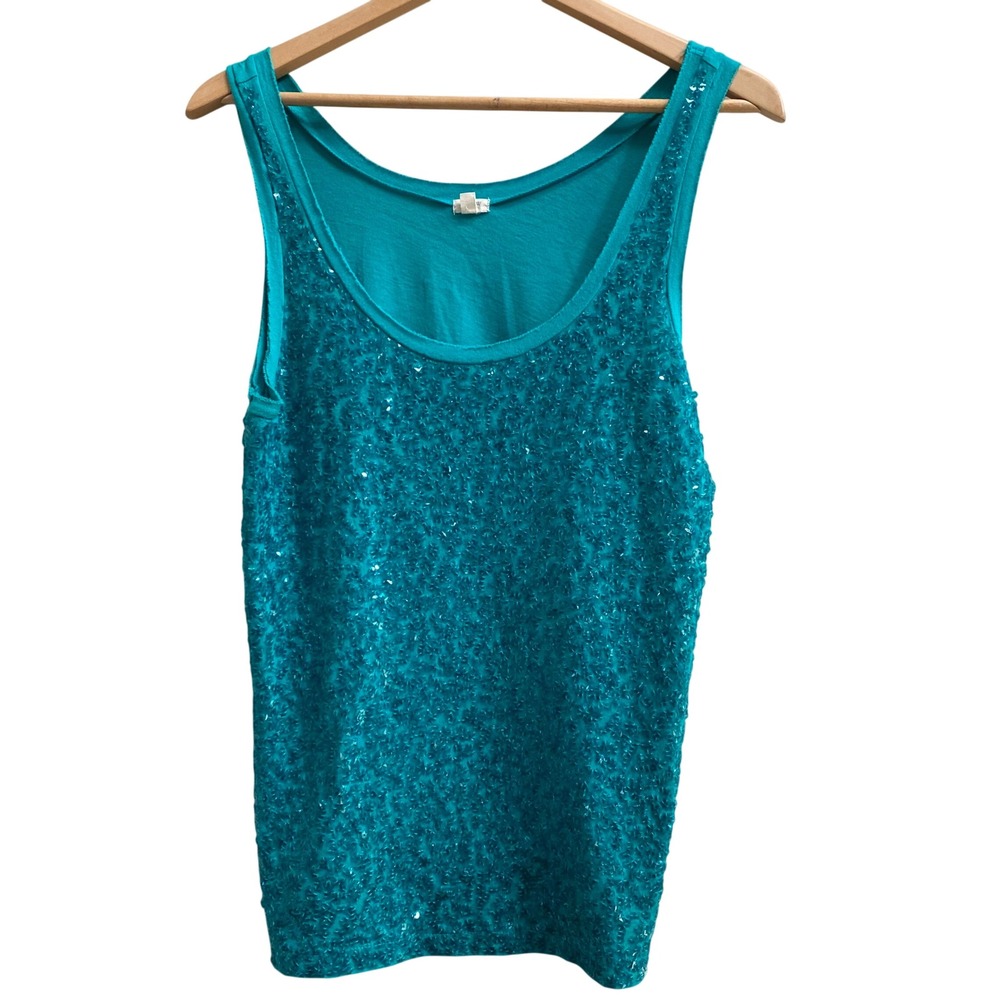J. Crew Woman's Teal Blue Sequin Front Tank Top Scoop Neck Medium